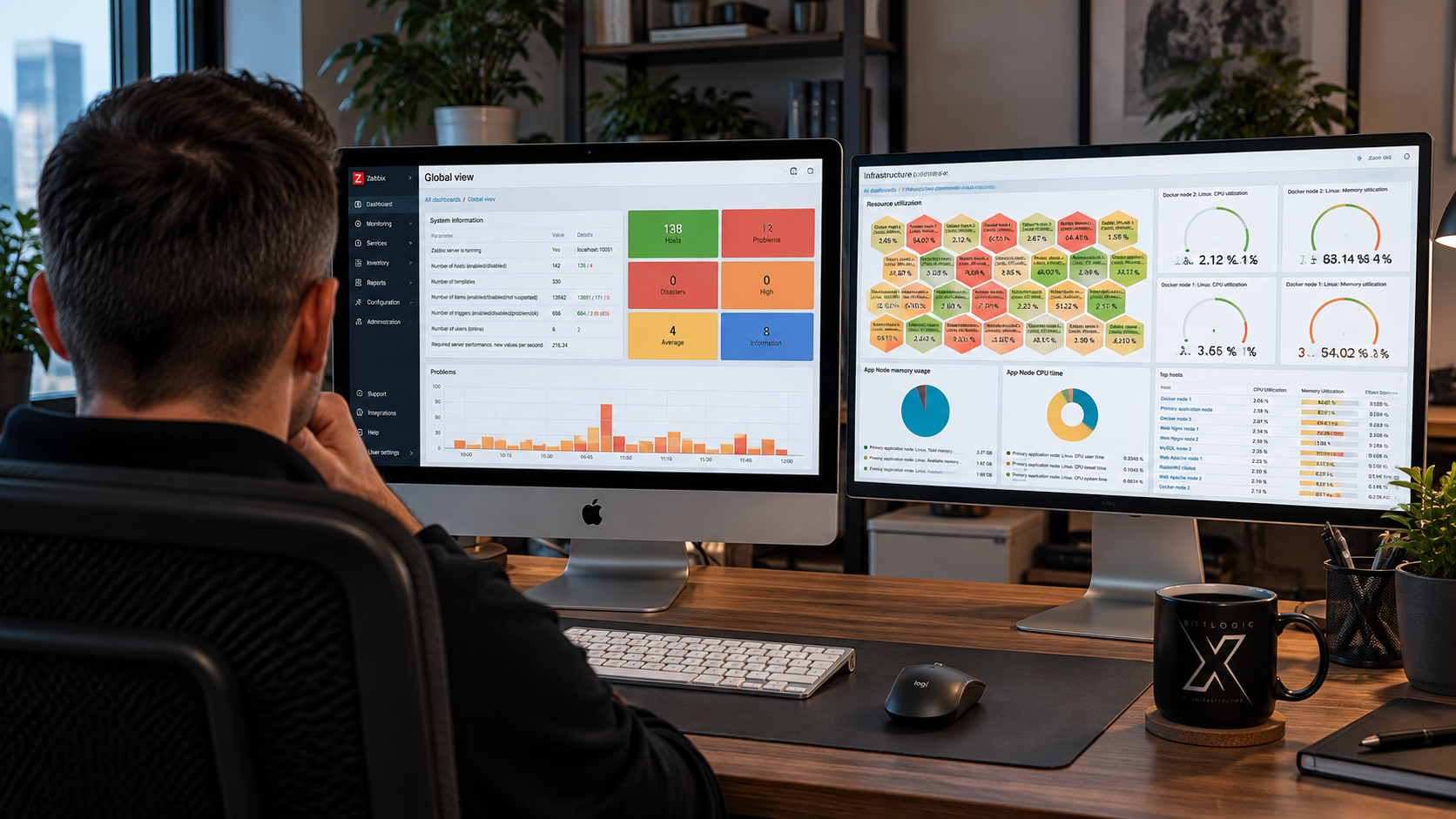 Administrator przy dwóch monitorach z dashboardami Zabbix: przegląd globalny i stan wykorzystania firmowej infrastruktury